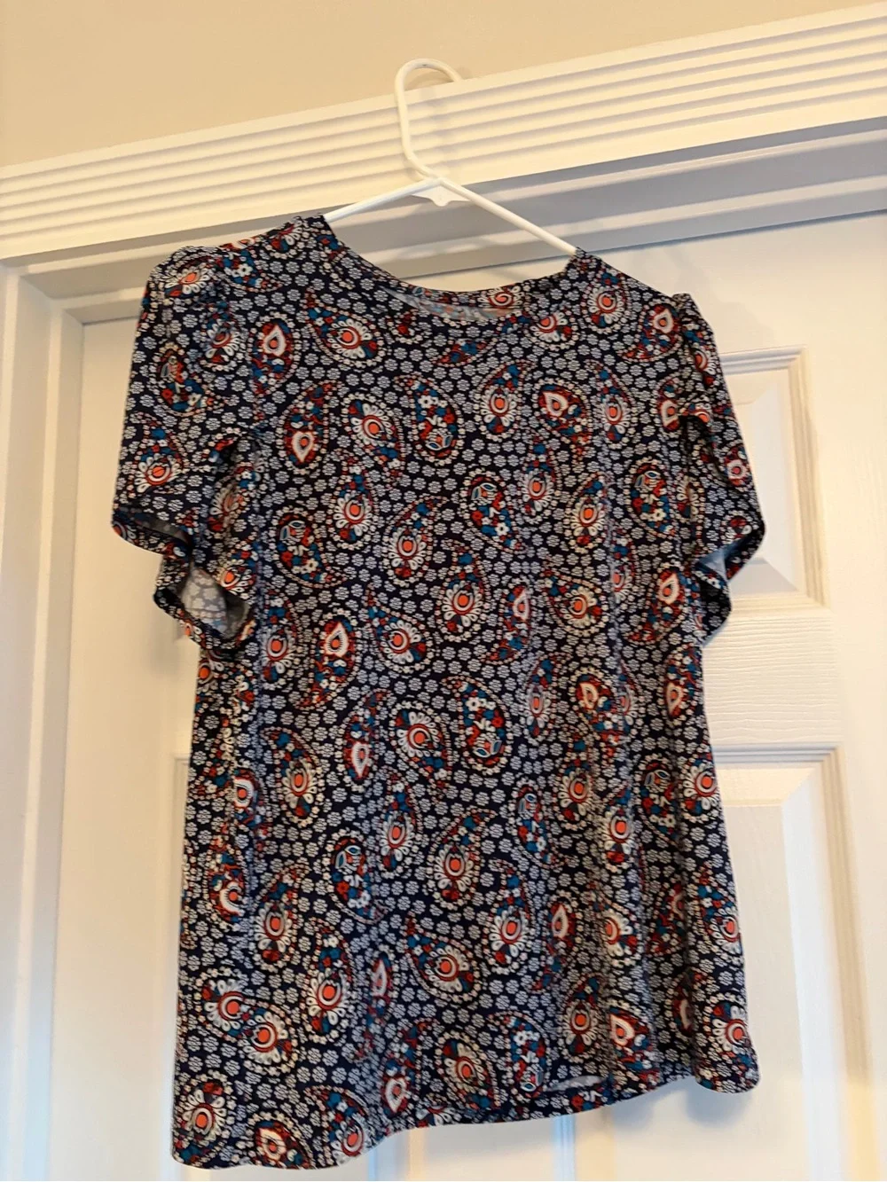 Michael Kors Navy Paisley Short Sleeve Blouse with Red and Blue Accents